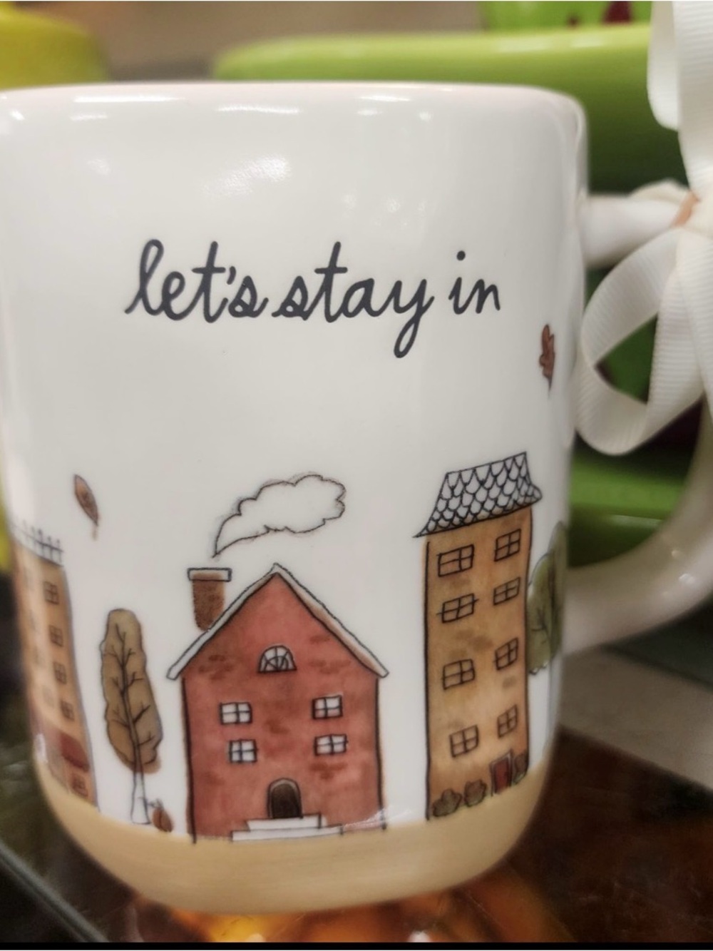 Rae Dunn Let's Stay In White Ceramic Mug with Autumn Village Design